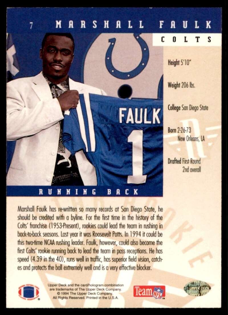 Marshall Faulk Rookie Card 1994 Upper Deck #7 Image 2