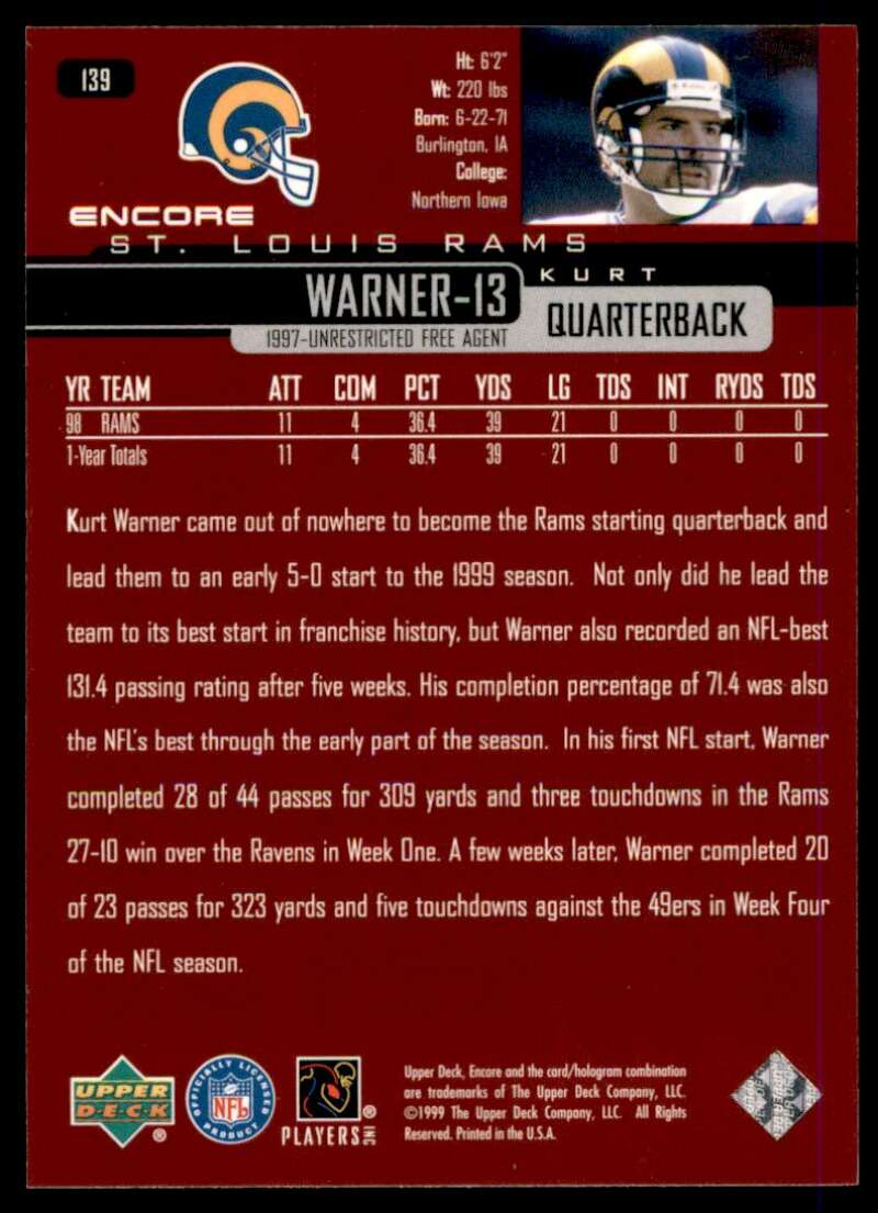 Kurt Warner Rookie Card 1999 Upper Deck Encore #139 Image 2