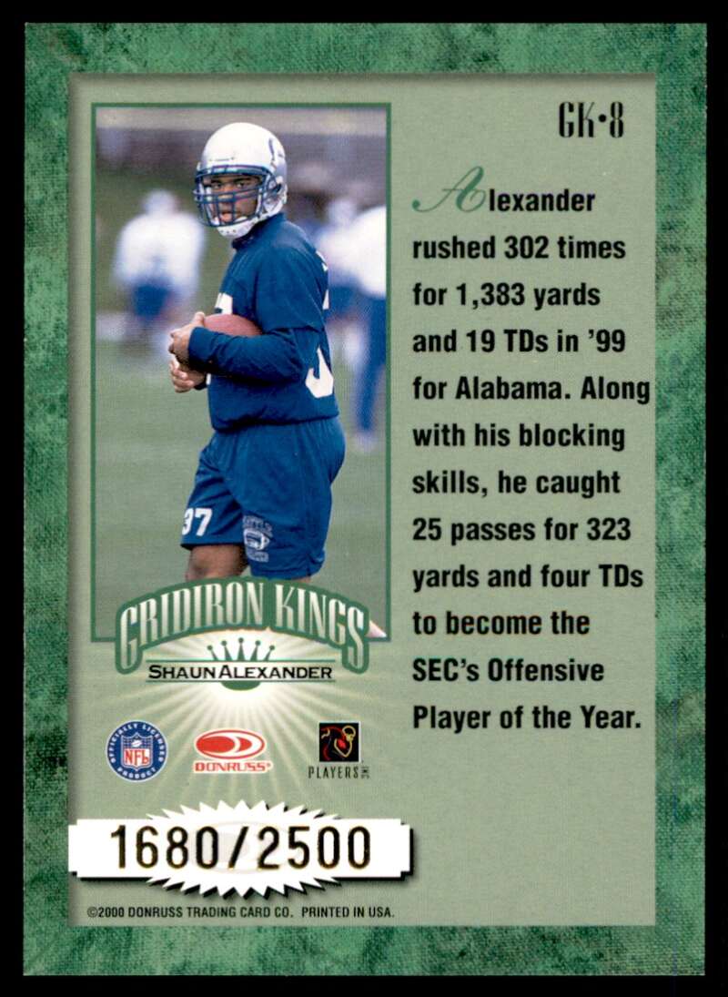 Shaun Alexander Rookie Card 2000 Donruss Rookie Gridiron Kings #GK-8 Image 2