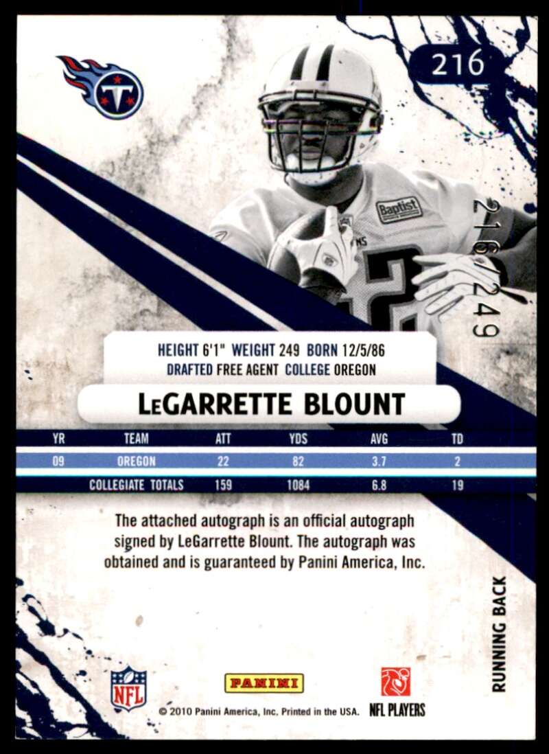 LeGarrette Blount Rookie 2010 Panini Rookies n Stars Longevity Autographs #216 Image 2