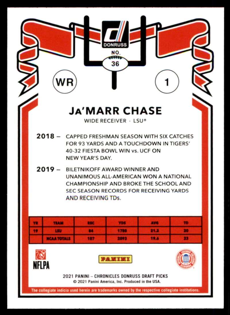 Ja'Marr Chase Rookie Card 2021 Panini Chronicles Donruss Retro #36 Image 2