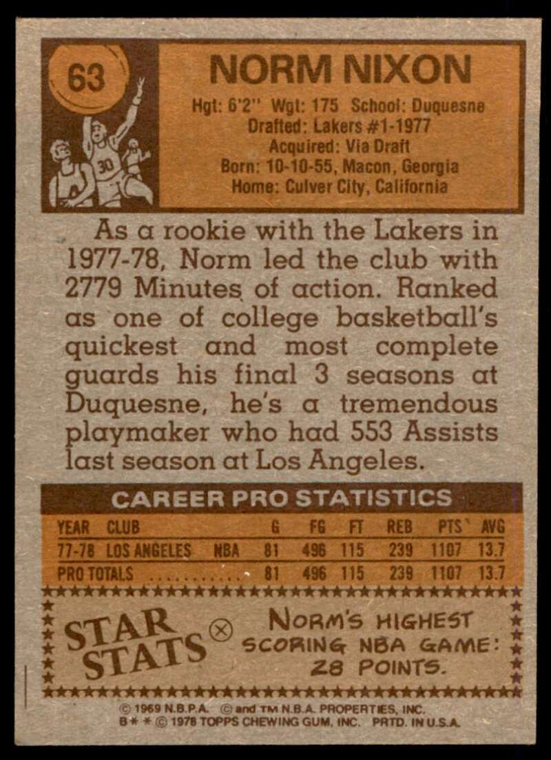 Norm Nixon Rookie Card 1978-79 Topps #63 Image 2