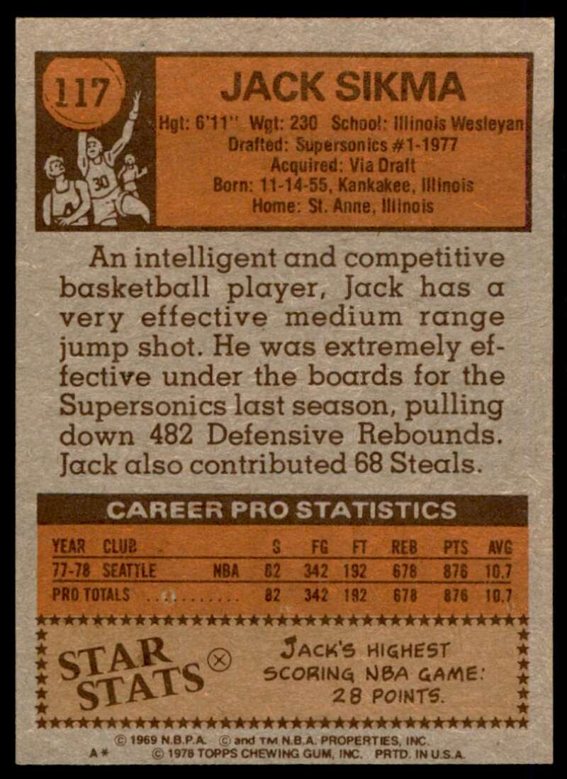 Jack Sikma Rookie Card 1978-79 Topps #117 Image 2