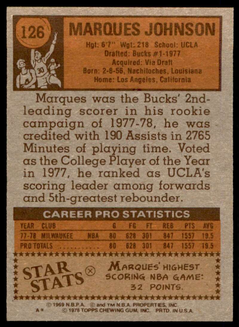 Marques Johnson Rookie Card 1978-79 Topps #126 Image 2