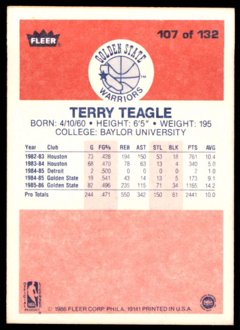 Terry Teagle Rookie Card 1986-87 Fleer #107 Image 2