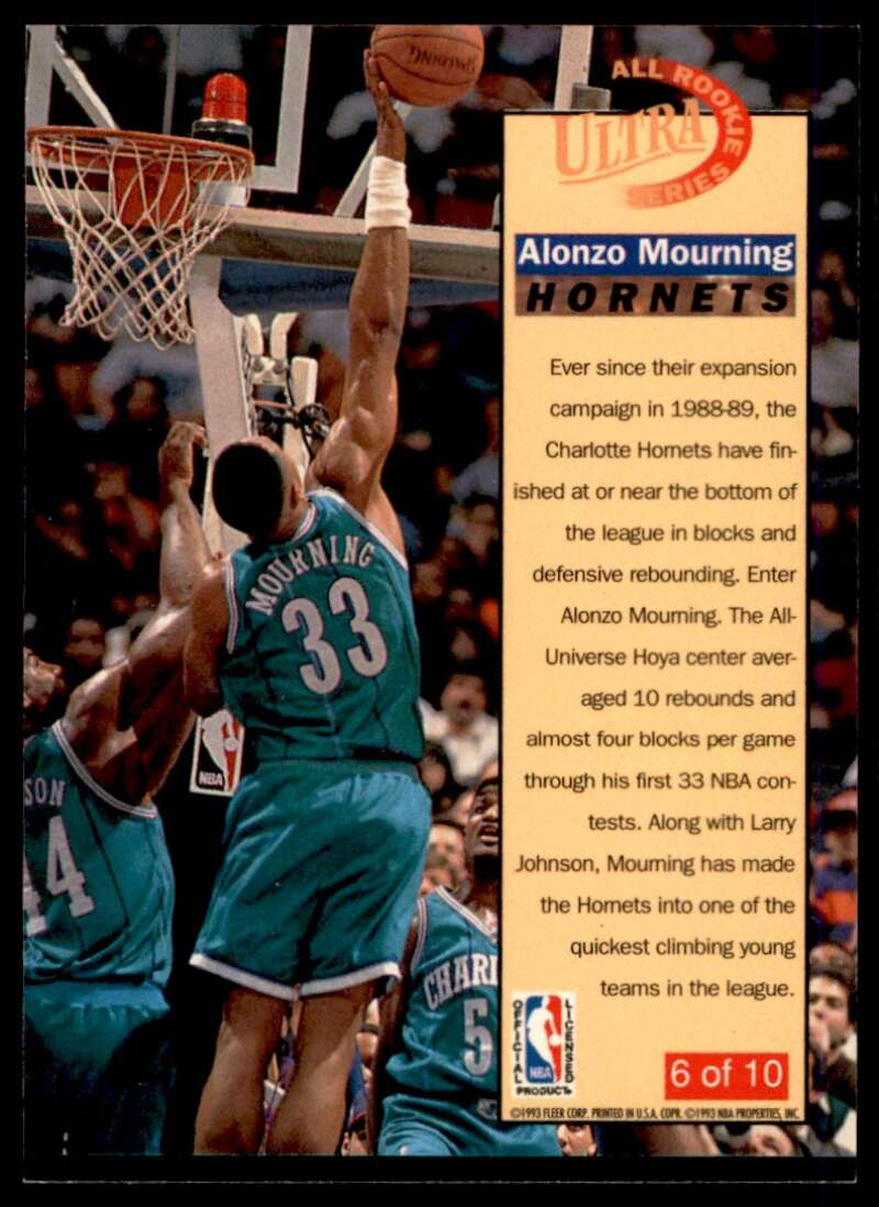 Alonzo Mourning Rookie Card 1992-93 Ultra All-Rookie-Team #6 Image 2