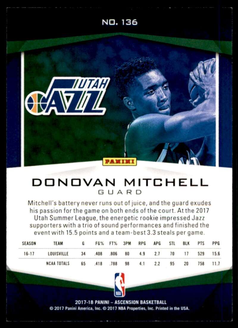 Donovan Mitchell Rookie Card 2017-18 Panini Ascension Red #136 Image 2