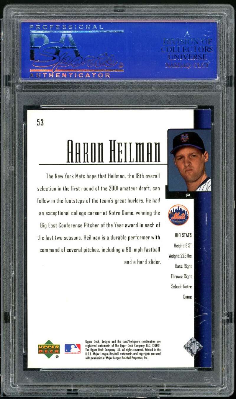 Aaron Heilman Rookie Card 2001 Upper Deck Prospect Premieres #53 PSA 10 Image 2