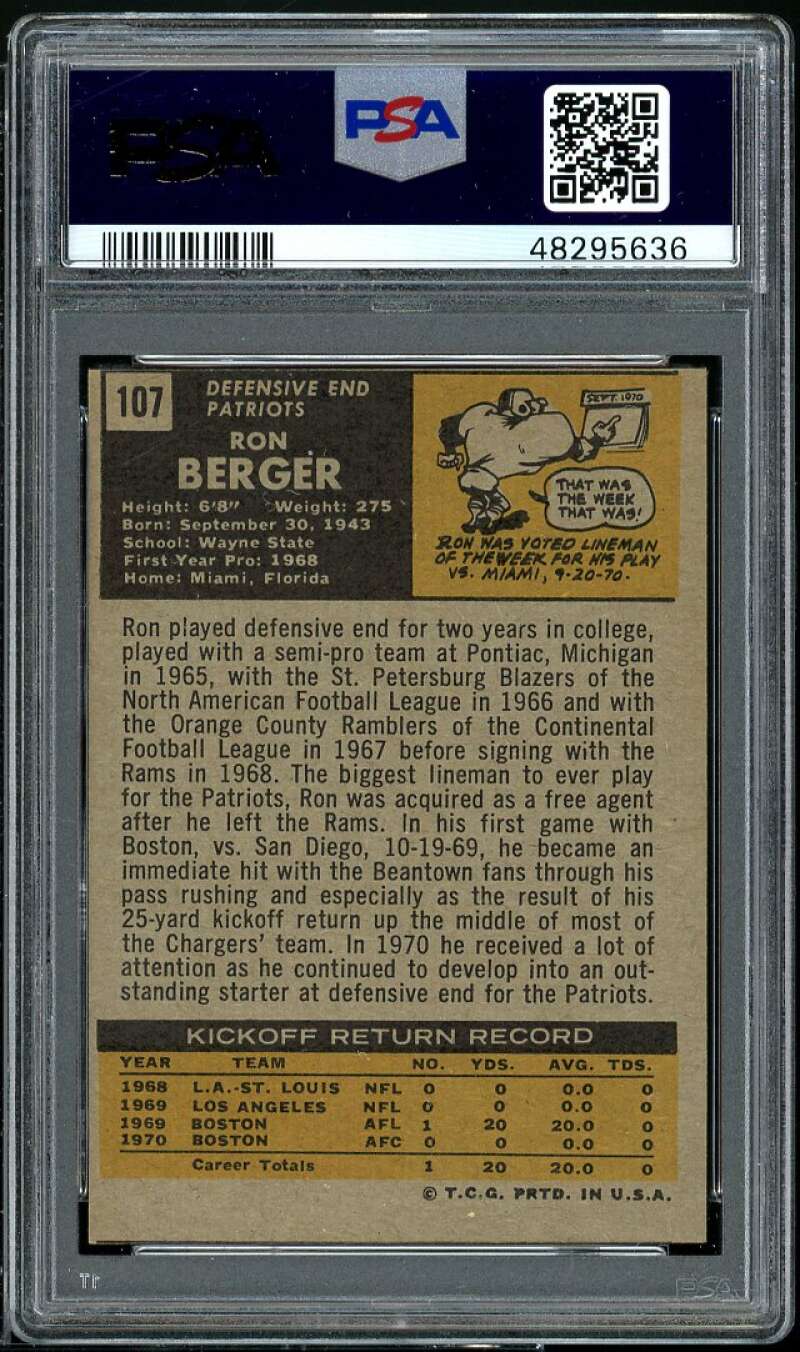 Ron Berger Card 1971 Topps #107 PSA 4 (MC) Image 2