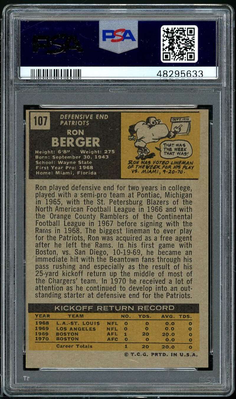 Ron Berger Card 1971 Topps #107 PSA 7 Image 2