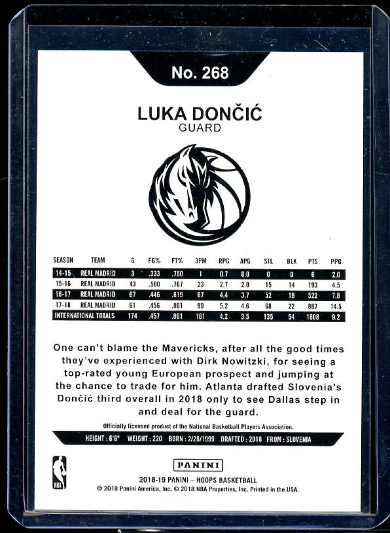 Luka Doncic Rookie Card 2018-19 Hoops #268 Image 2