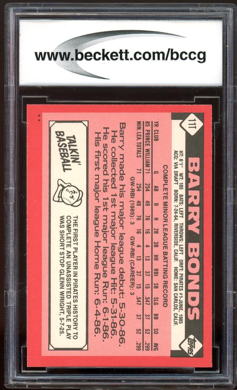 1986 Topps Traded #11T Barry Bonds Rookie Card BGS BCCG 9 Near Mint+ Image 2