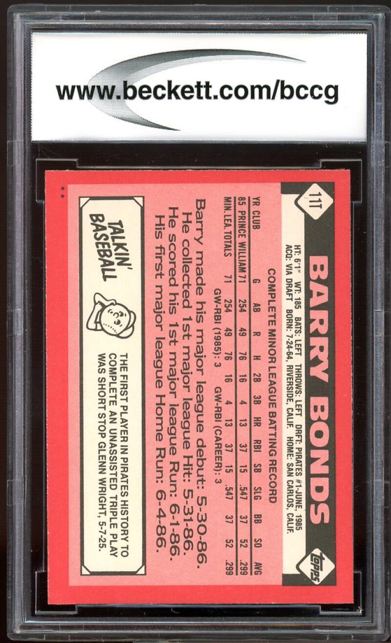 1986 Topps Traded #11T Barry Bonds Rookie Card BGS BCCG 9 Near Mint+ Image 2