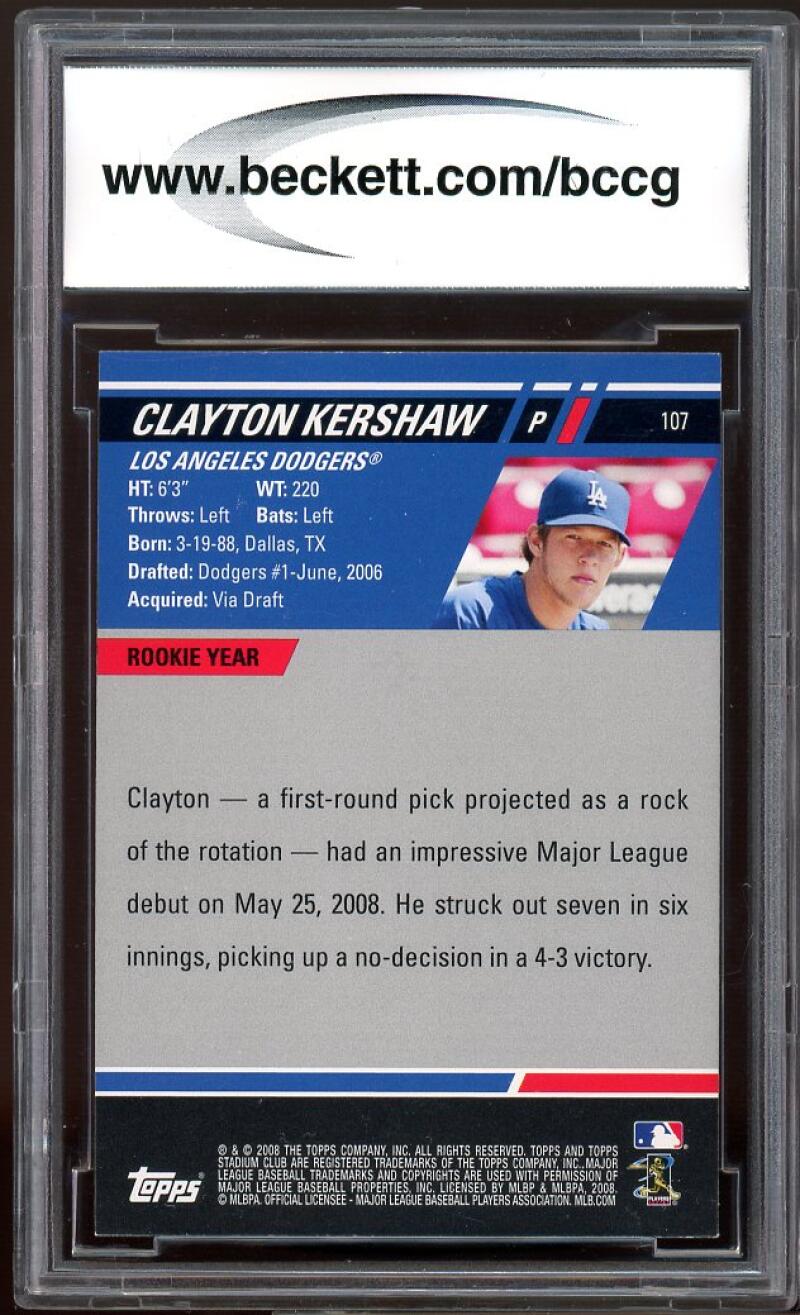 2008 stadium club #107a CLAYTON KERSHAW los angeles dodgers rookie BGS BCCG 10 Image 2