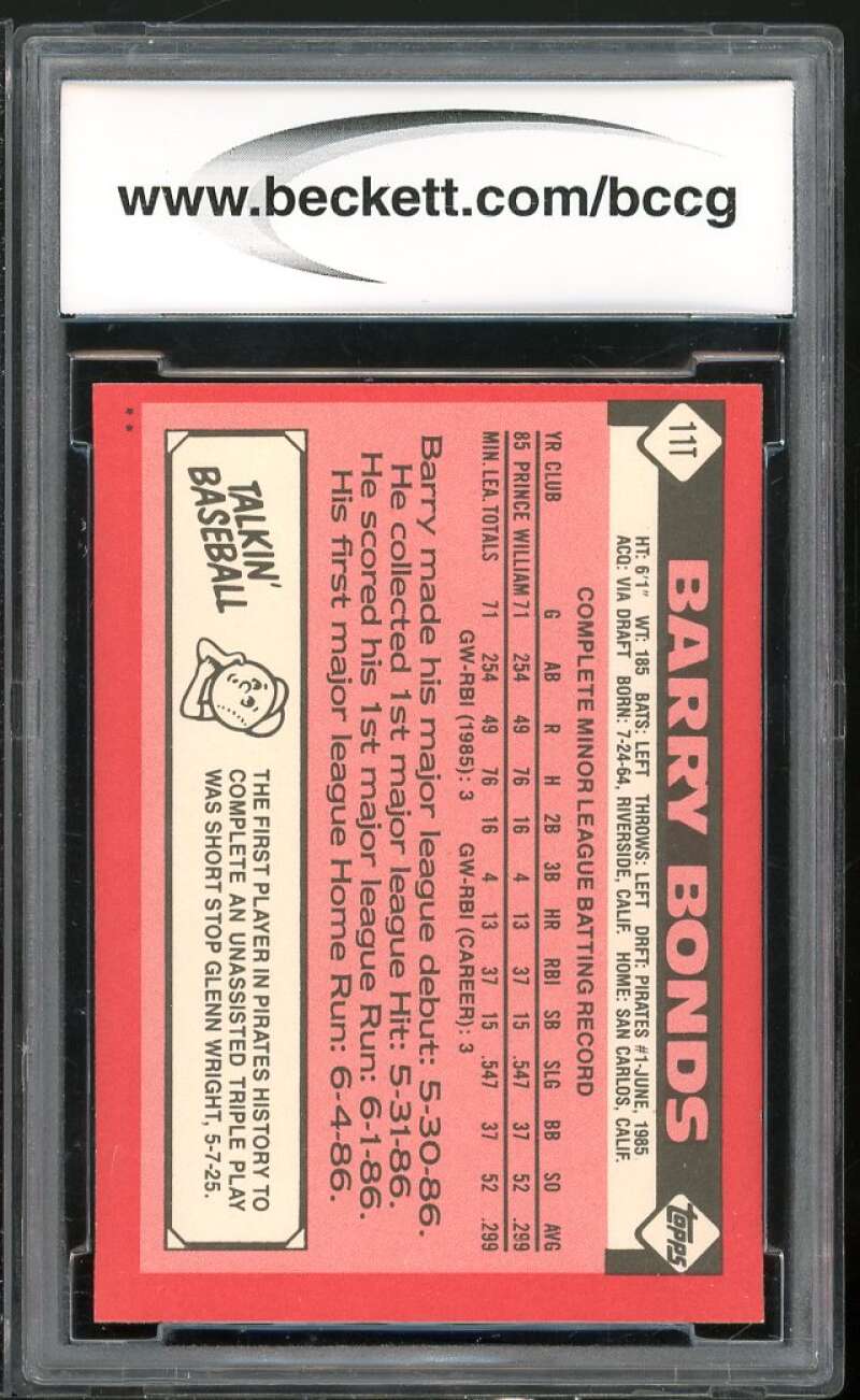 1986 Topps Traded #11T Barry Bonds Rookie Card BGS BCCG 9 Near Mint+ Image 2