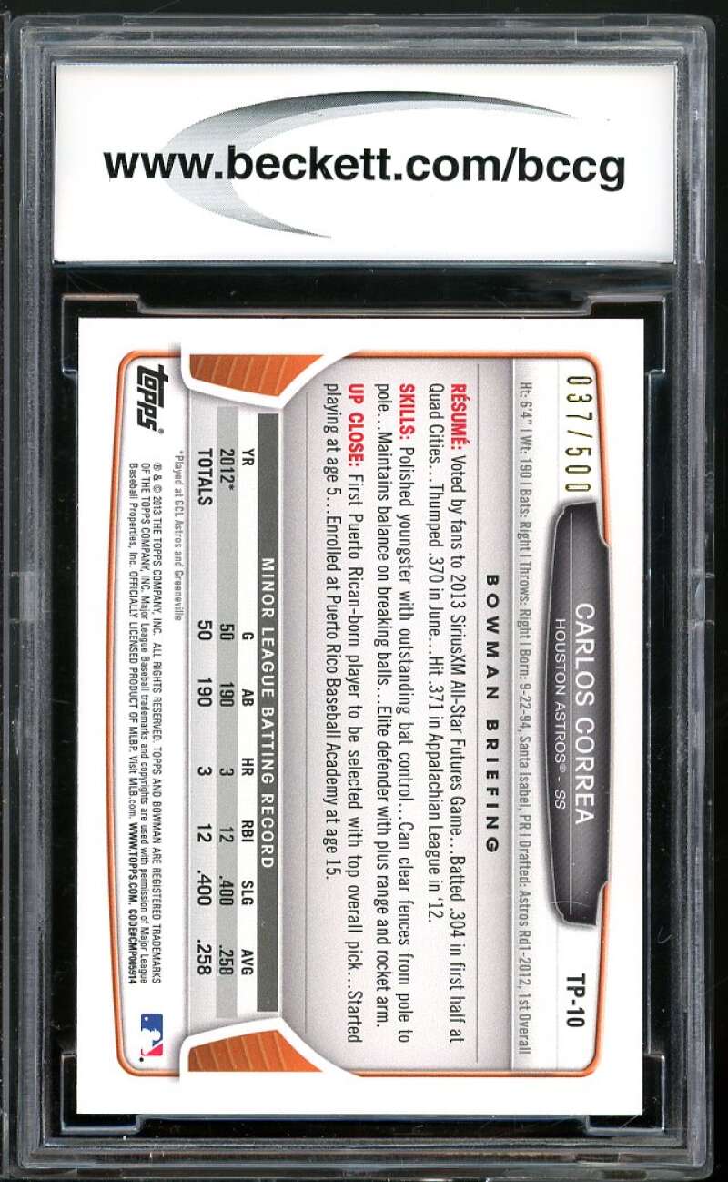 2013 Bowman Draft Picks TP Blue #TP-10 Carlos Correa Rookie BGS BCCG 10 Mint+ Image 2