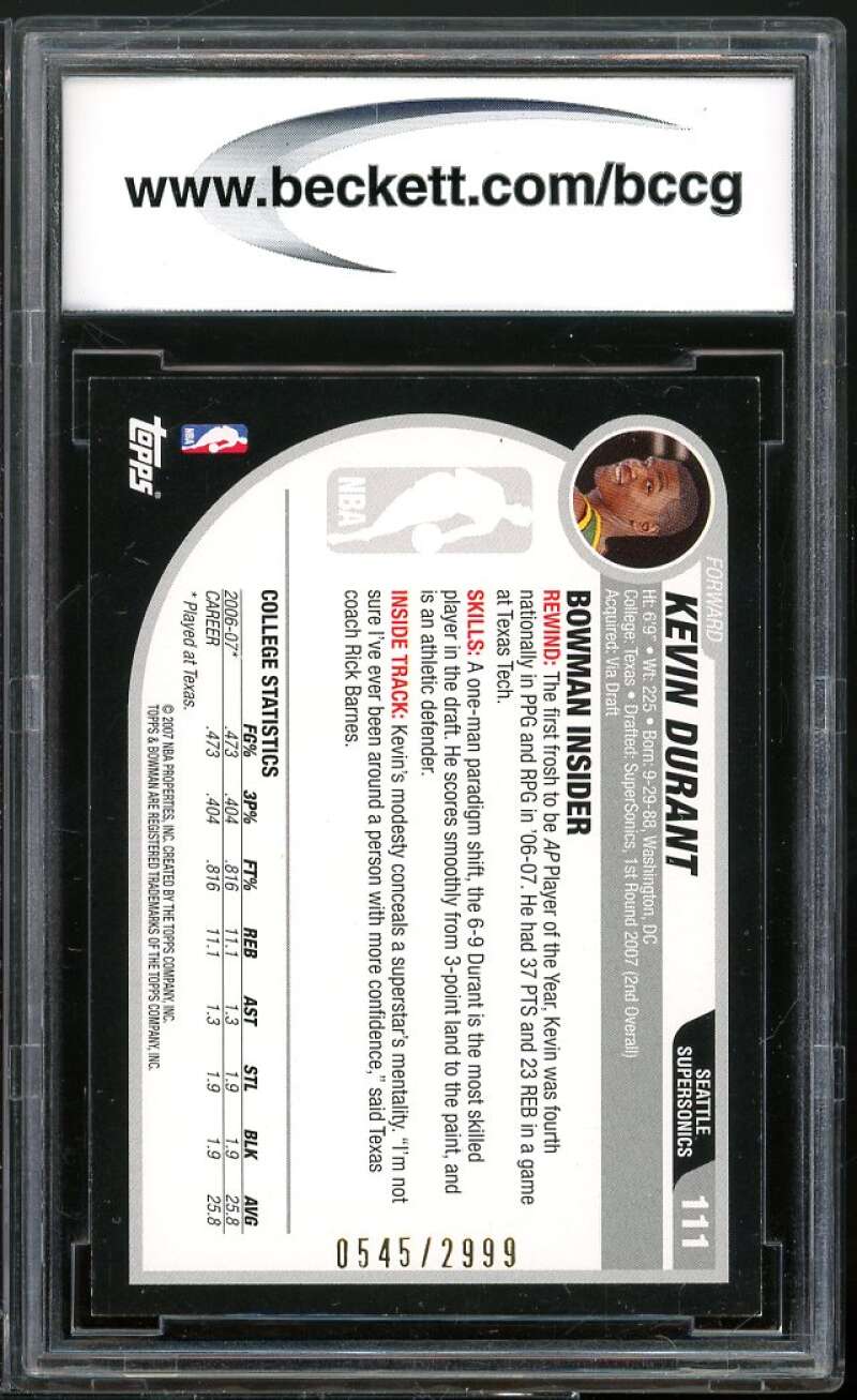 2007-08 Bowman #111 Kevin Durant Rookie Card BGS BCCG 9 Near Mint+ Image 2