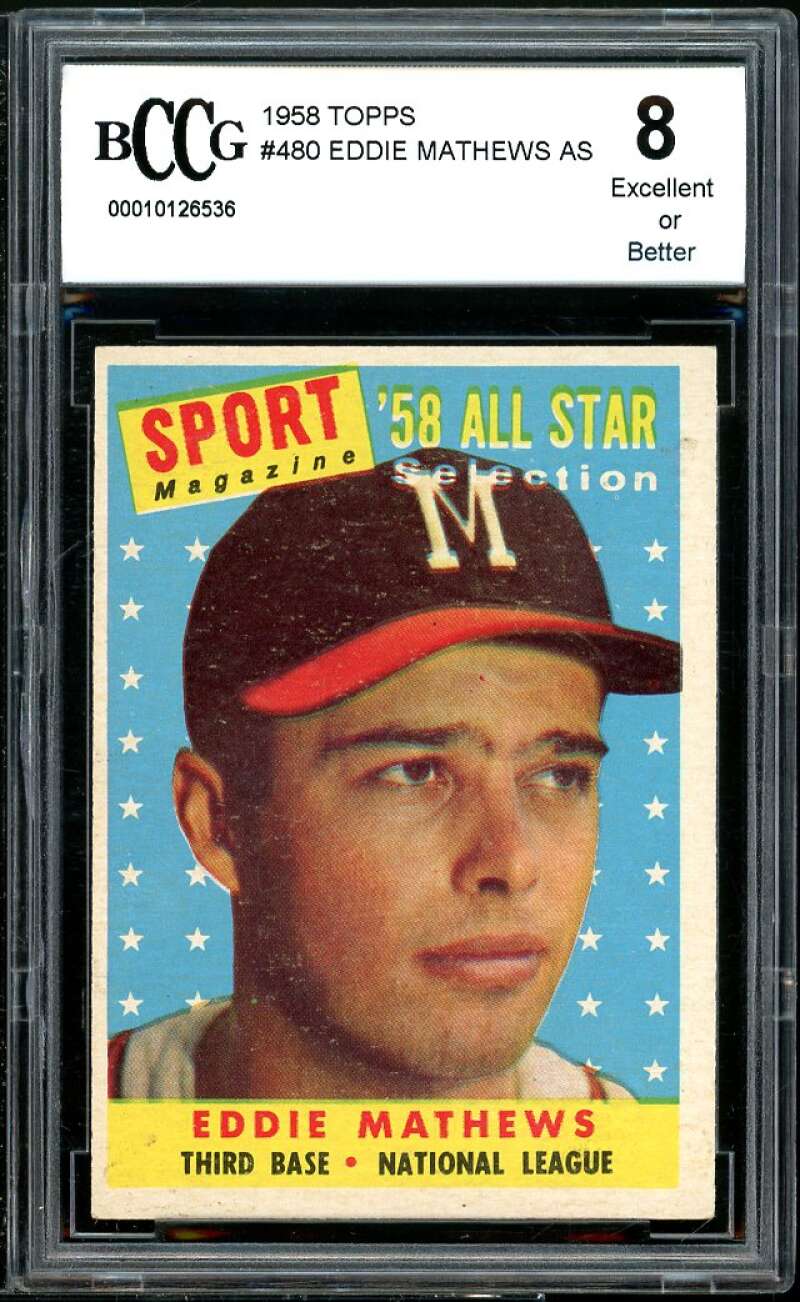 1958 Topps #480 Eddie Mathews AS Card BGS BCCG 8 Excellent+ Image 1