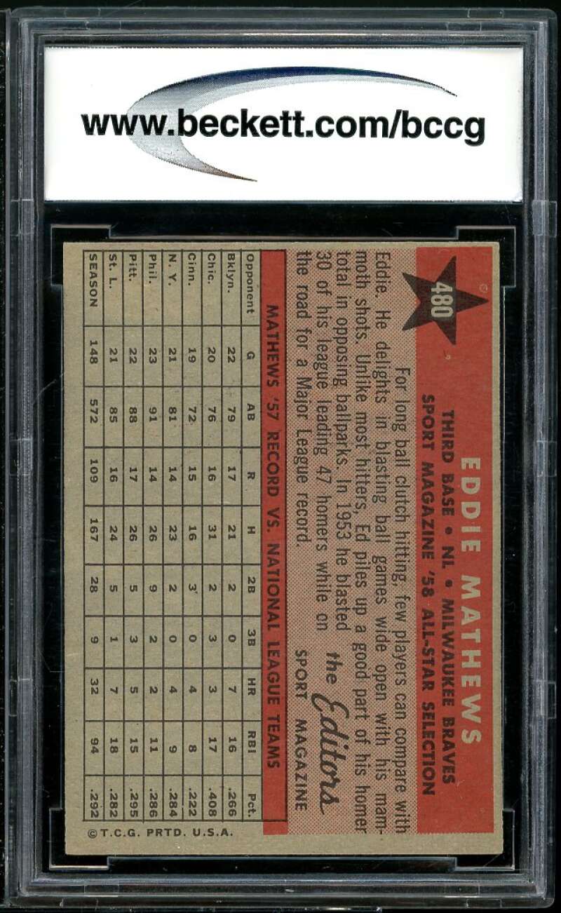 1958 Topps #480 Eddie Mathews AS Card BGS BCCG 8 Excellent+ Image 2