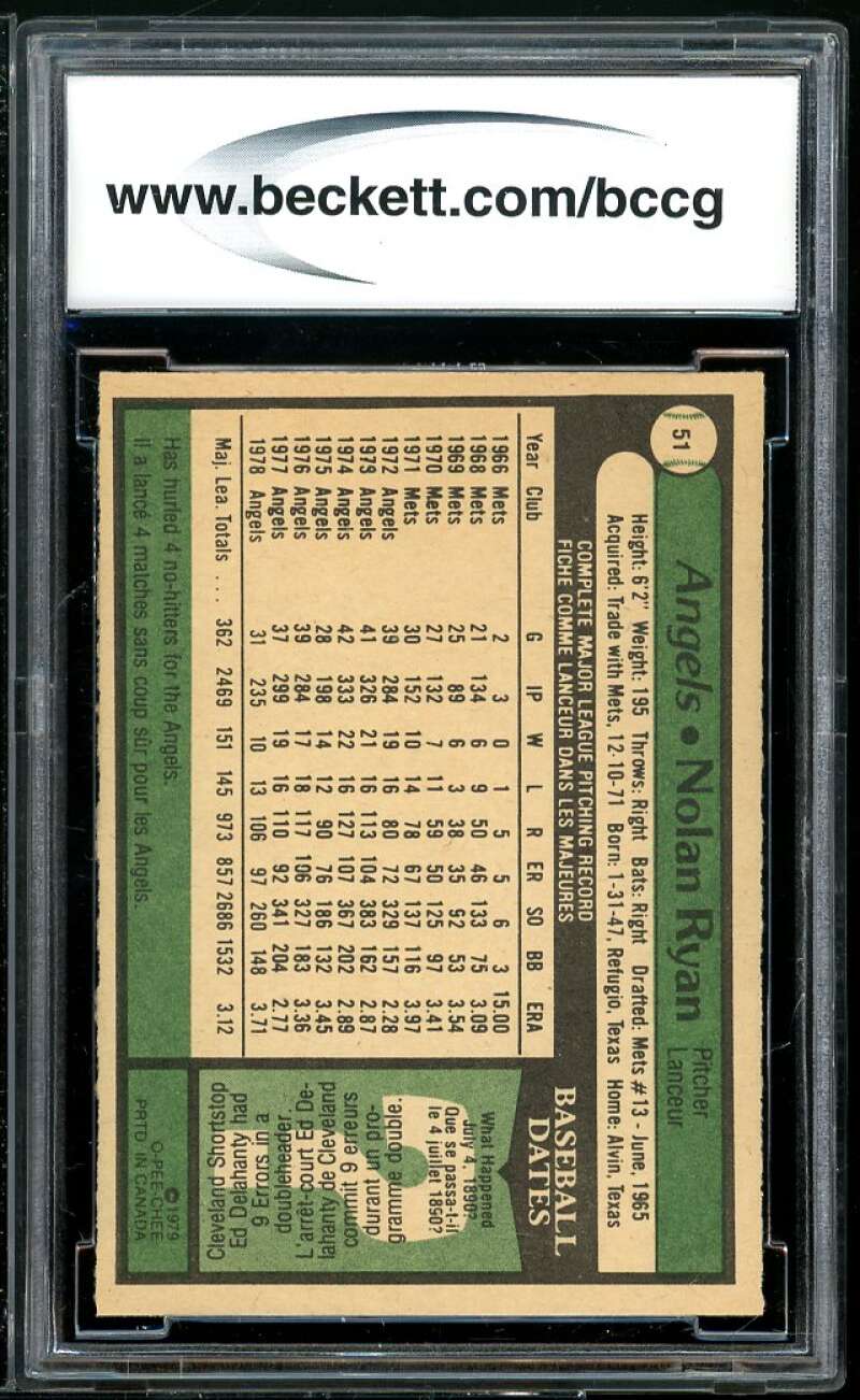 1979 O-Pee-Chee #51 Nolan Ryan Card BGS BCCG 9 Near Mint+ Image 2