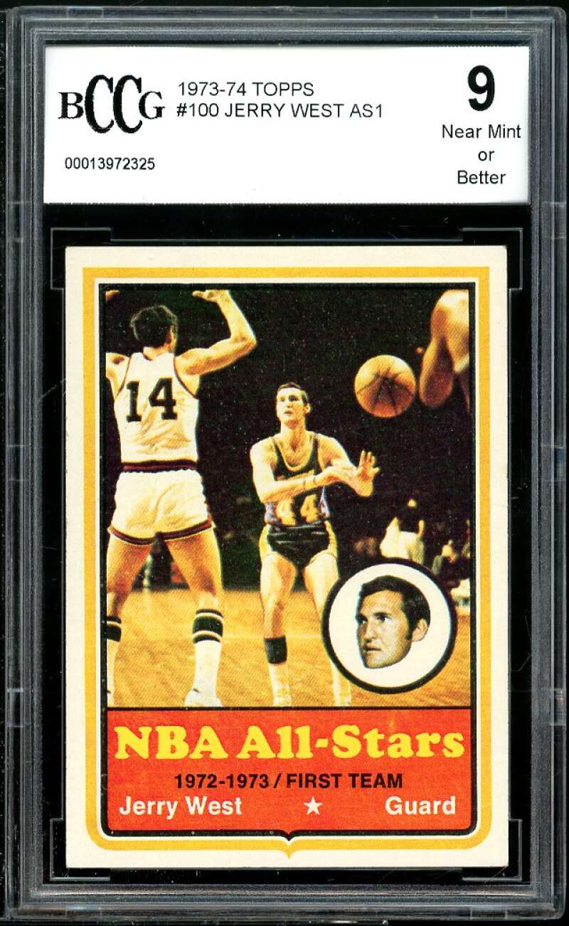 1973-74 Topps #90 Jerry West Card BGS BCCG 9 Near Mint+ Image 1