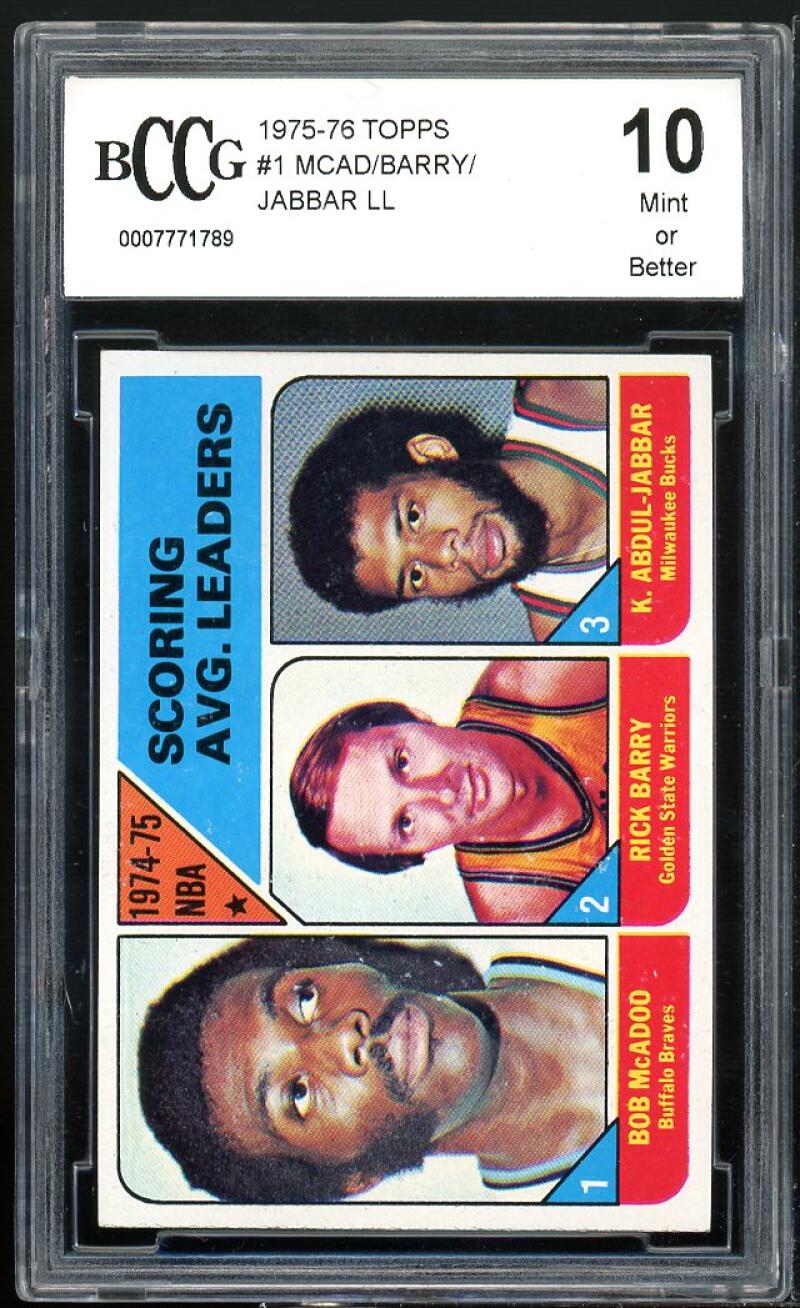 1975-76 Topps #1 LL Mcadoo/Rick Barry/Kareem Abdul Jabbar Card BGS BCCG 10 Mint+ Image 1