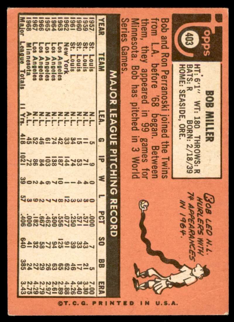 Bob Miller Card 1969 Topps #403 Image 2