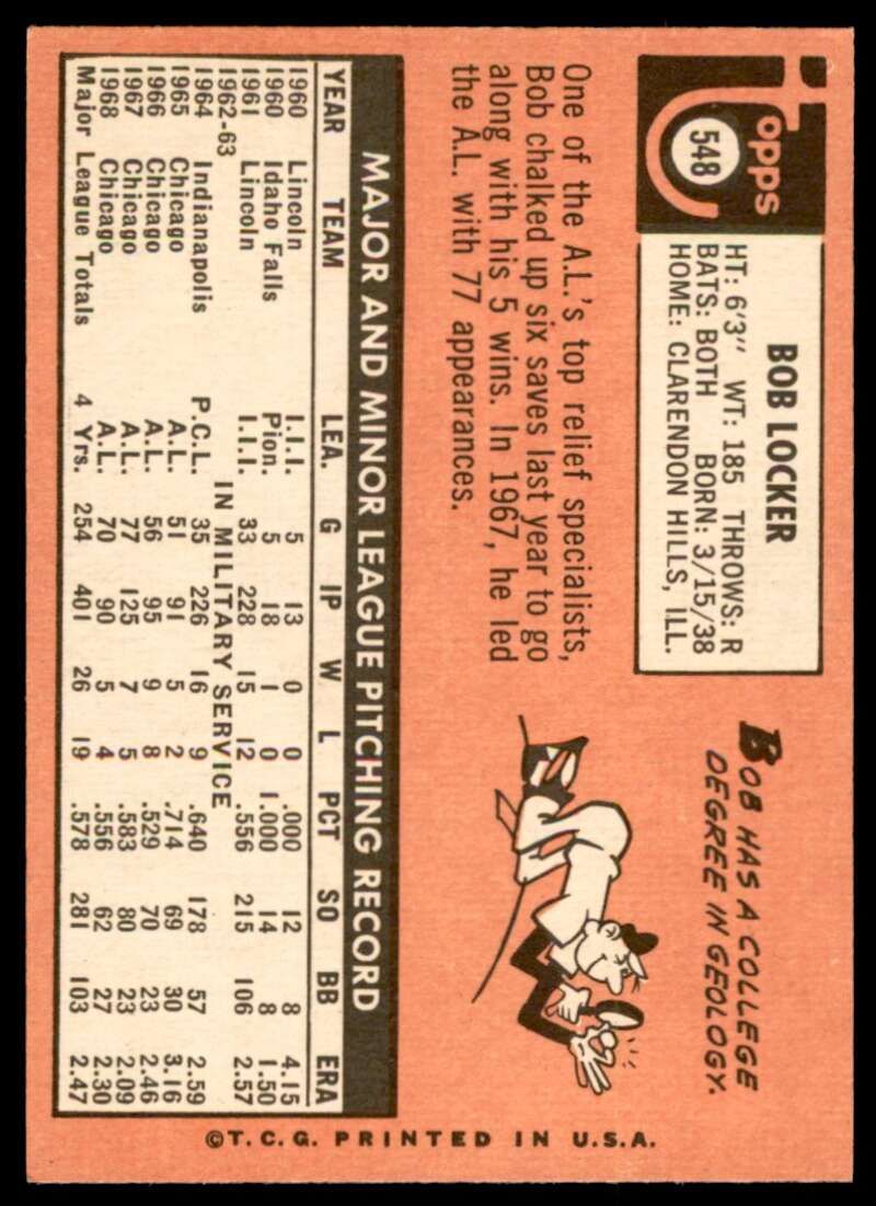 Bob Locker Card 1969 Topps #548 Image 2