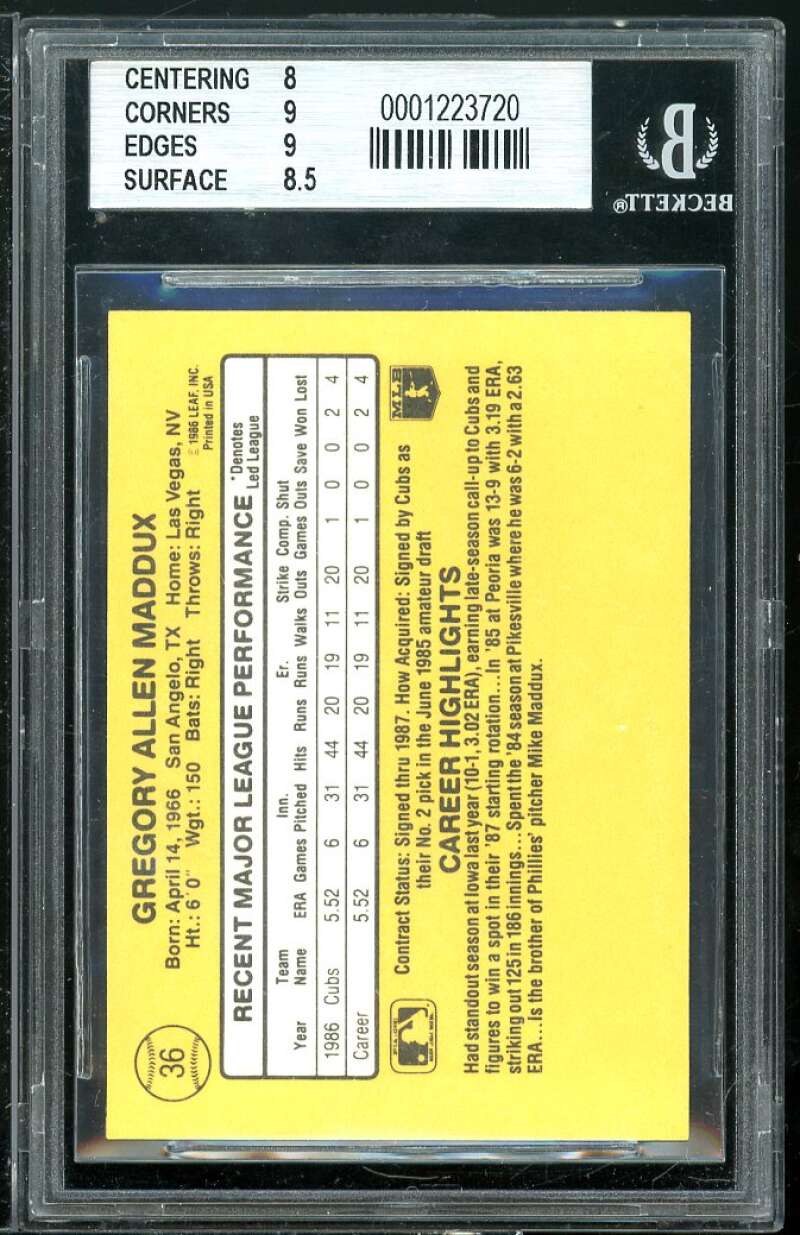 Greg Maddux Rookie Card 1987 Donruss #36 BGS 8.5 (8 9 9 8.5) Image 2