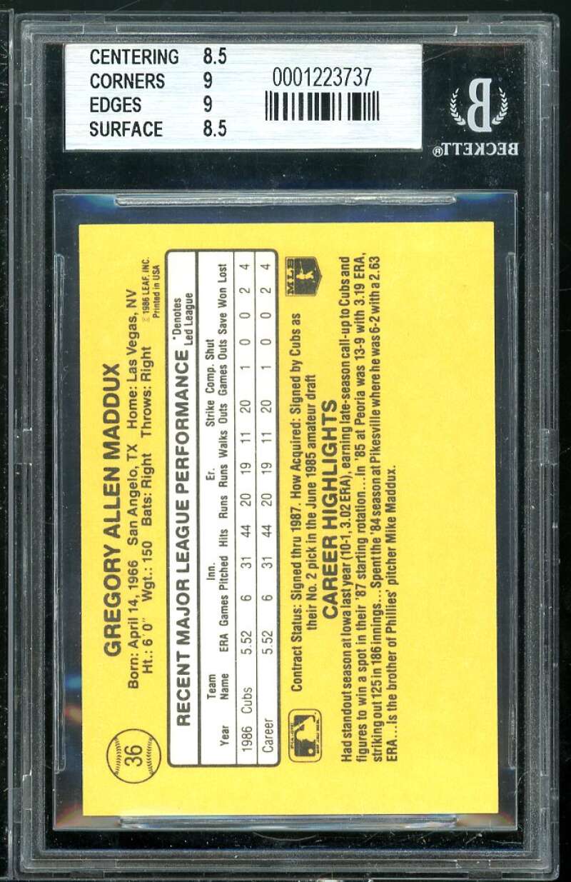 Greg Maddux Rookie Card 1987 Donruss #36 BGS 8.5 (8.5 9 9 8.5) Image 2