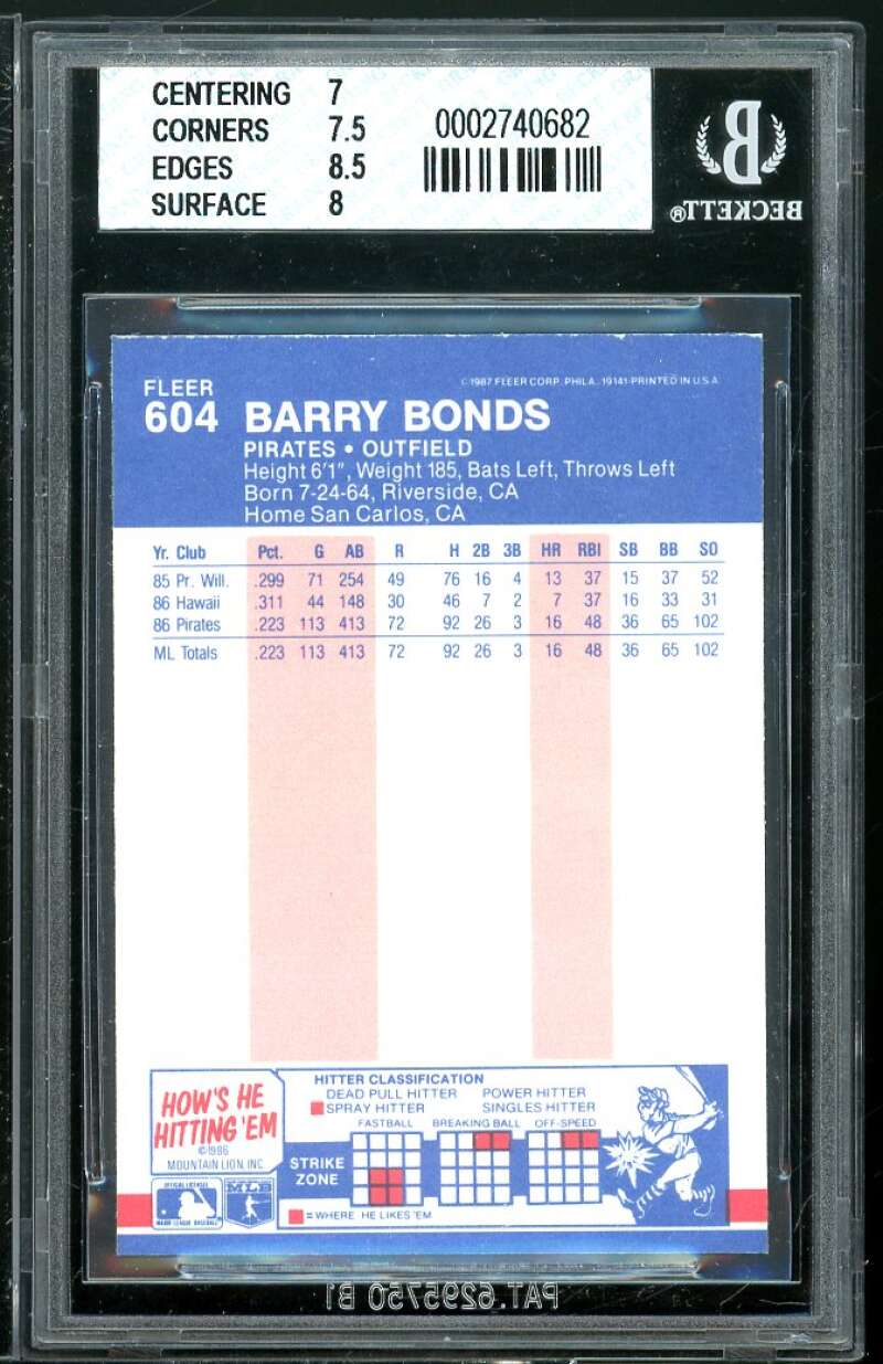 Barry Bonds Rookie Card 1987 Fleer #604 BGS 7.5 (7 7.5 8.5 8) Image 2