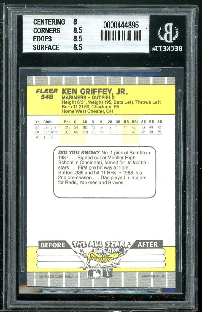 Ken Griffey Jr. Rookie Card 1989 Fleer #548 BGS 8.5 (8 8.5 8.5 8.5) Image 2