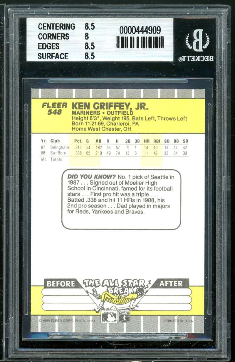 Ken Griffey Jr. Rookie Card 1989 Fleer #548 BGS 8.5 (8.5 8 8.5 8.5) Image 2