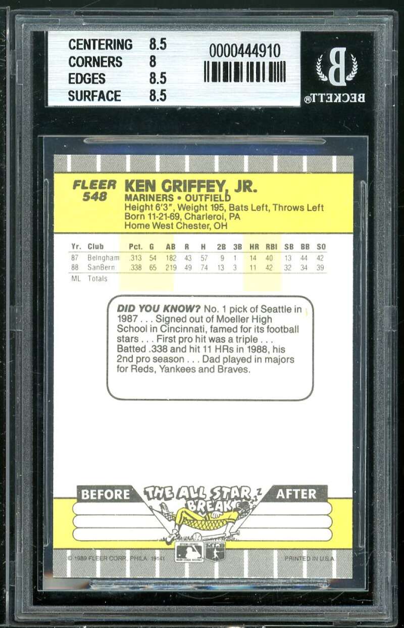 Ken Griffey Jr. Rookie Card 1989 Fleer #548 BGS 8.5 (8.5 8 8.5 8.5) Image 2