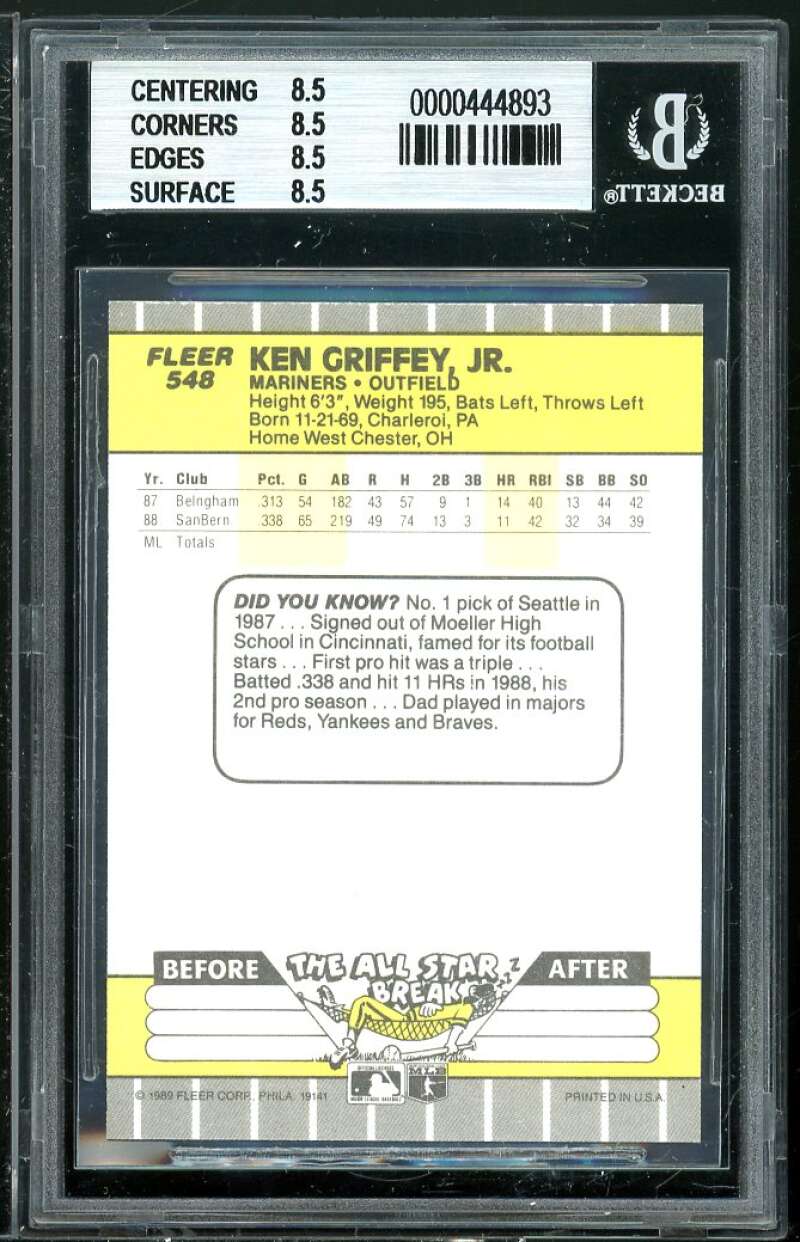 Ken Griffey Jr. Rookie Card 1989 Fleer #548 BGS 8.5 (8.5 8.5 8.5 8.5) Image 2