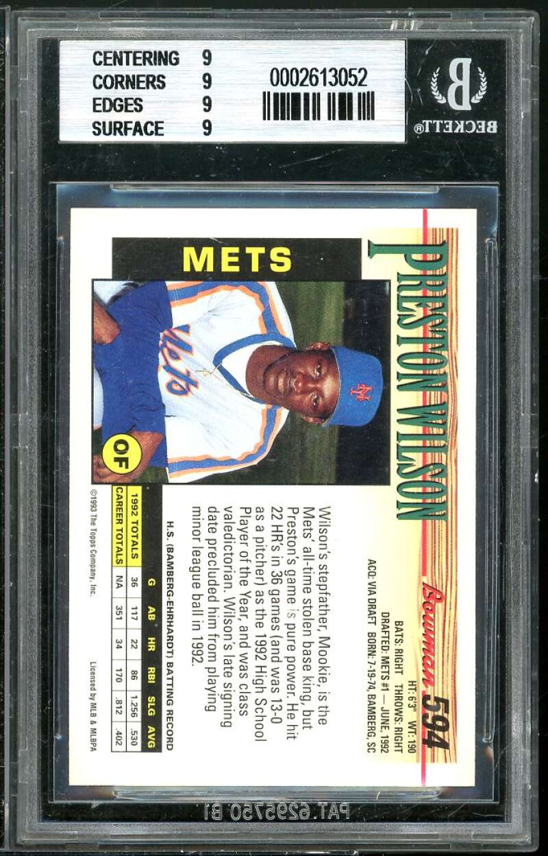 Preston Wilson Rookie Card 1993 Bowman #594 BGS 9 (9 9 9 9) Image 2