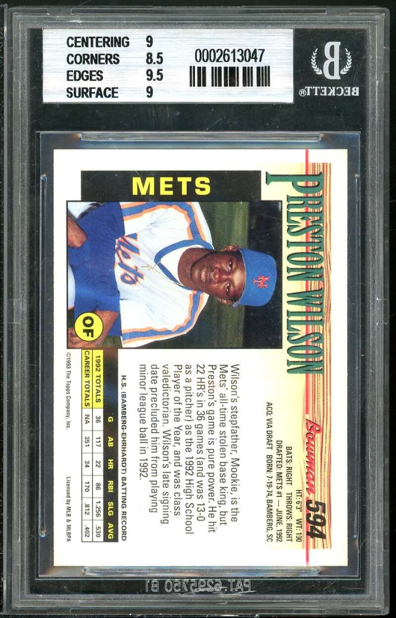 Preston Wilson Rookie Card 1993 Bowman #594 BGS 9 (9 8.5 9.5 9) Image 2