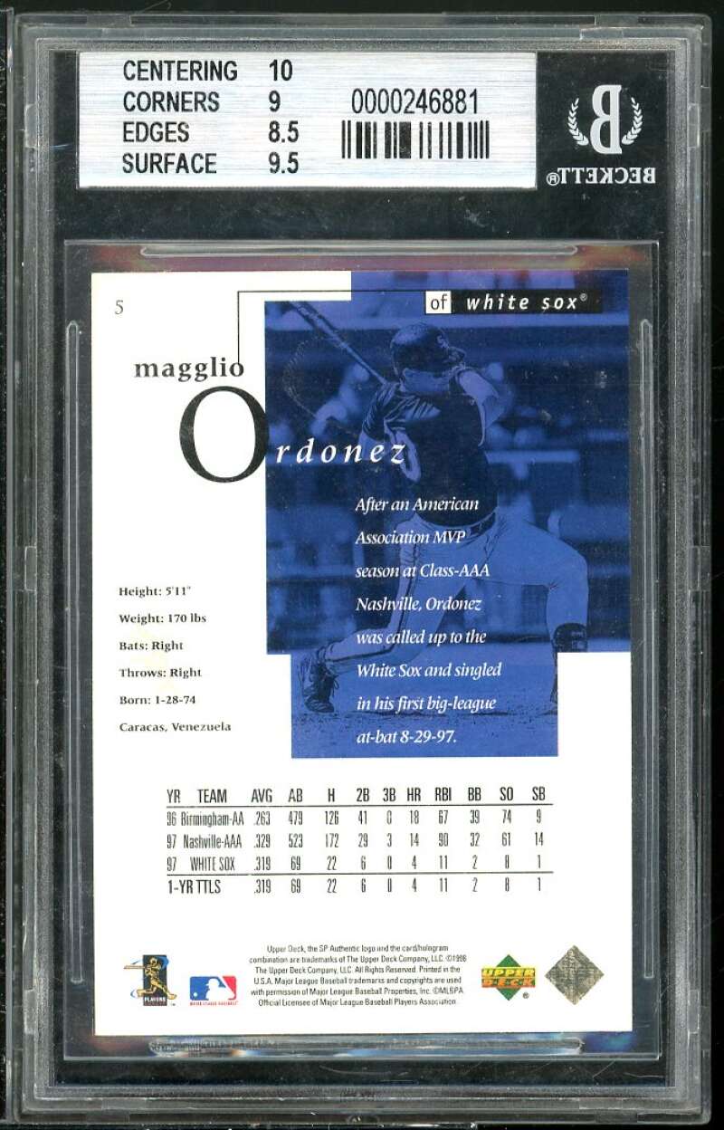 Magglio Ordonez Rookie Card 1998 SP Authentic #5 BGS 9 (10 9 8.5 9.5) Image 2