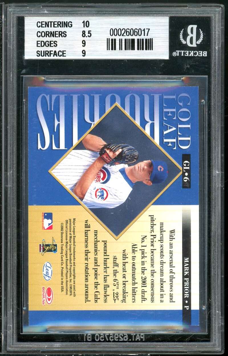 Mark Prior Rookie Card 2002 Leaf Gold Rookies #6 BGS 9 (10 8.5 9 9) Image 2