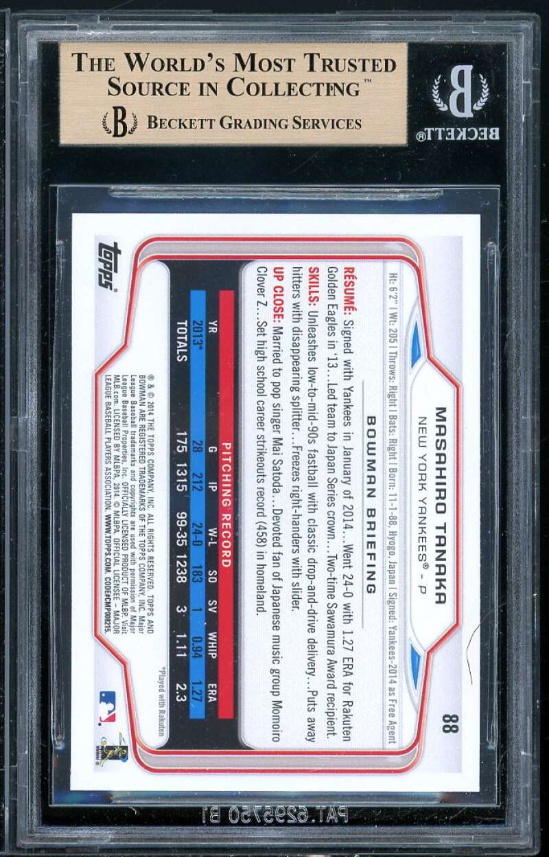 Masahiro Tanaka Rookie Card 2014 Bowman #88 BGS 9.5 (9 9.5 9.5 10) Image 2