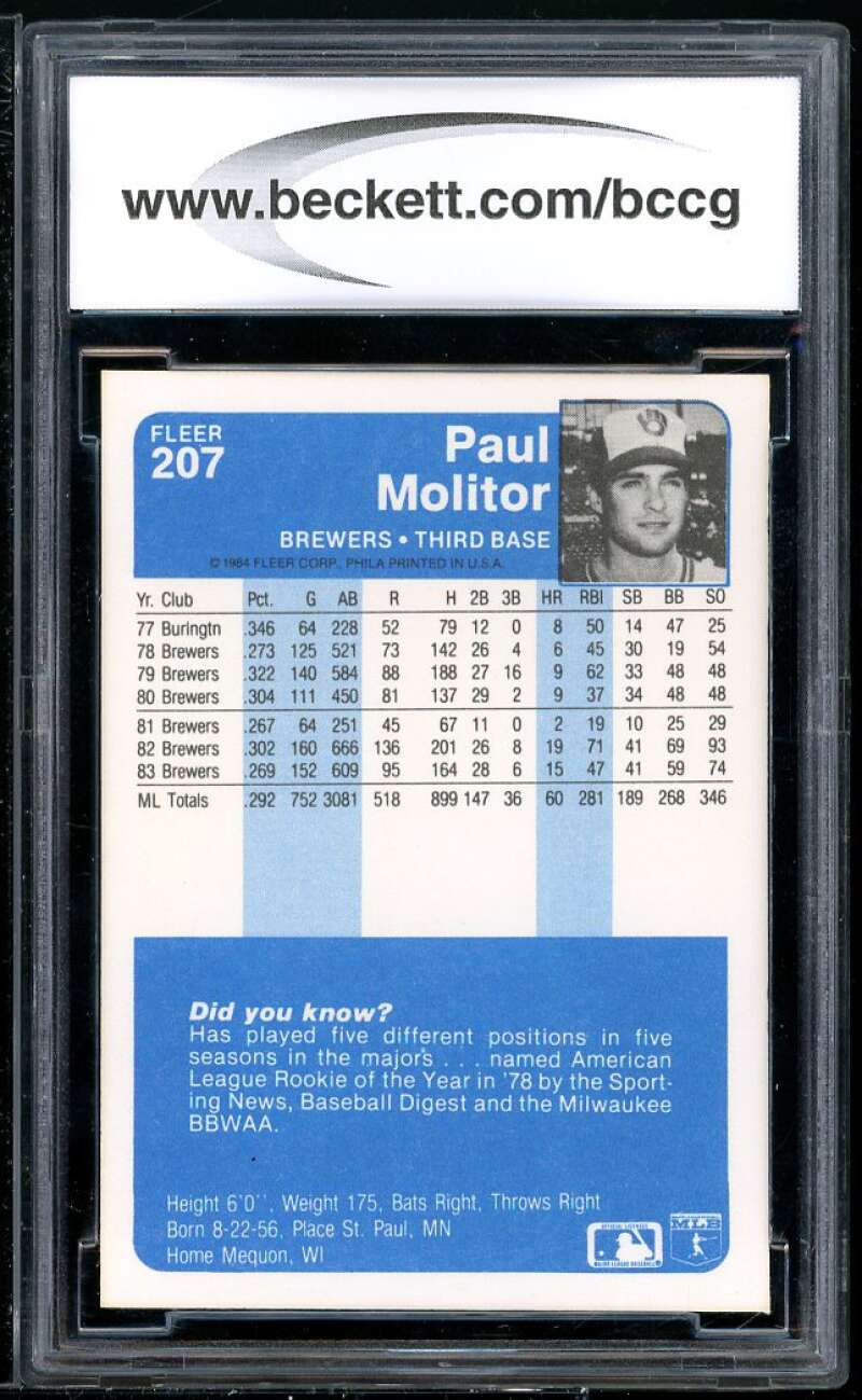 Paul Molitor Card 1984 Fleer #207 BGS BCCG 10 Image 2