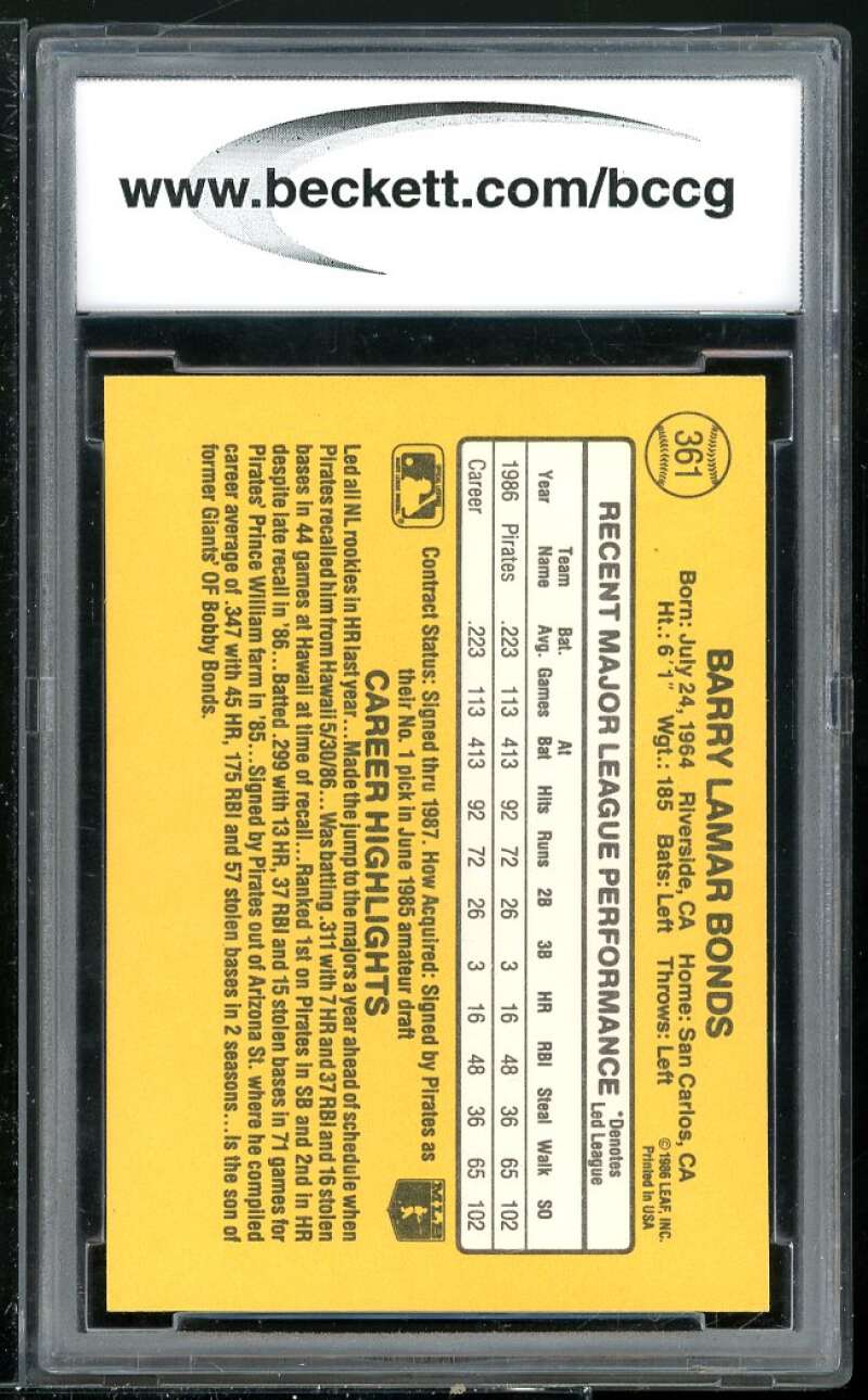 Barry Bonds Rookie Card 1987 Donruss #361 BGS BCCG 9 Image 2