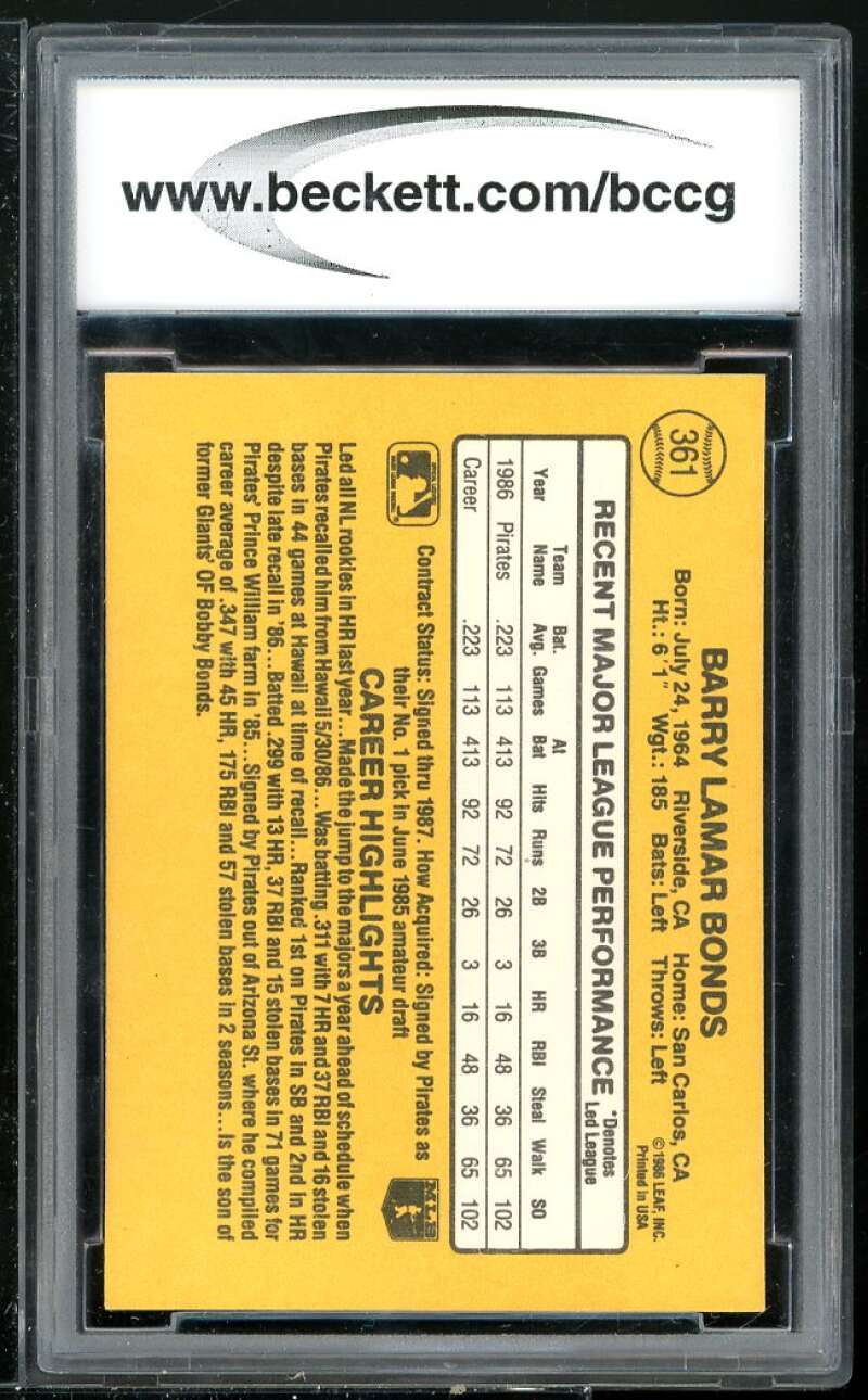 Barry Bonds Rookie Card 1987 Donruss #361 BGS BCCG 9 Image 2