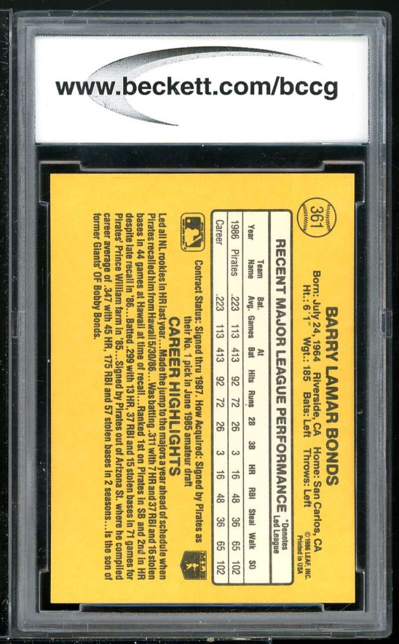 Barry Bonds Rookie Card 1987 Donruss #361 BGS BCCG 9 Image 2