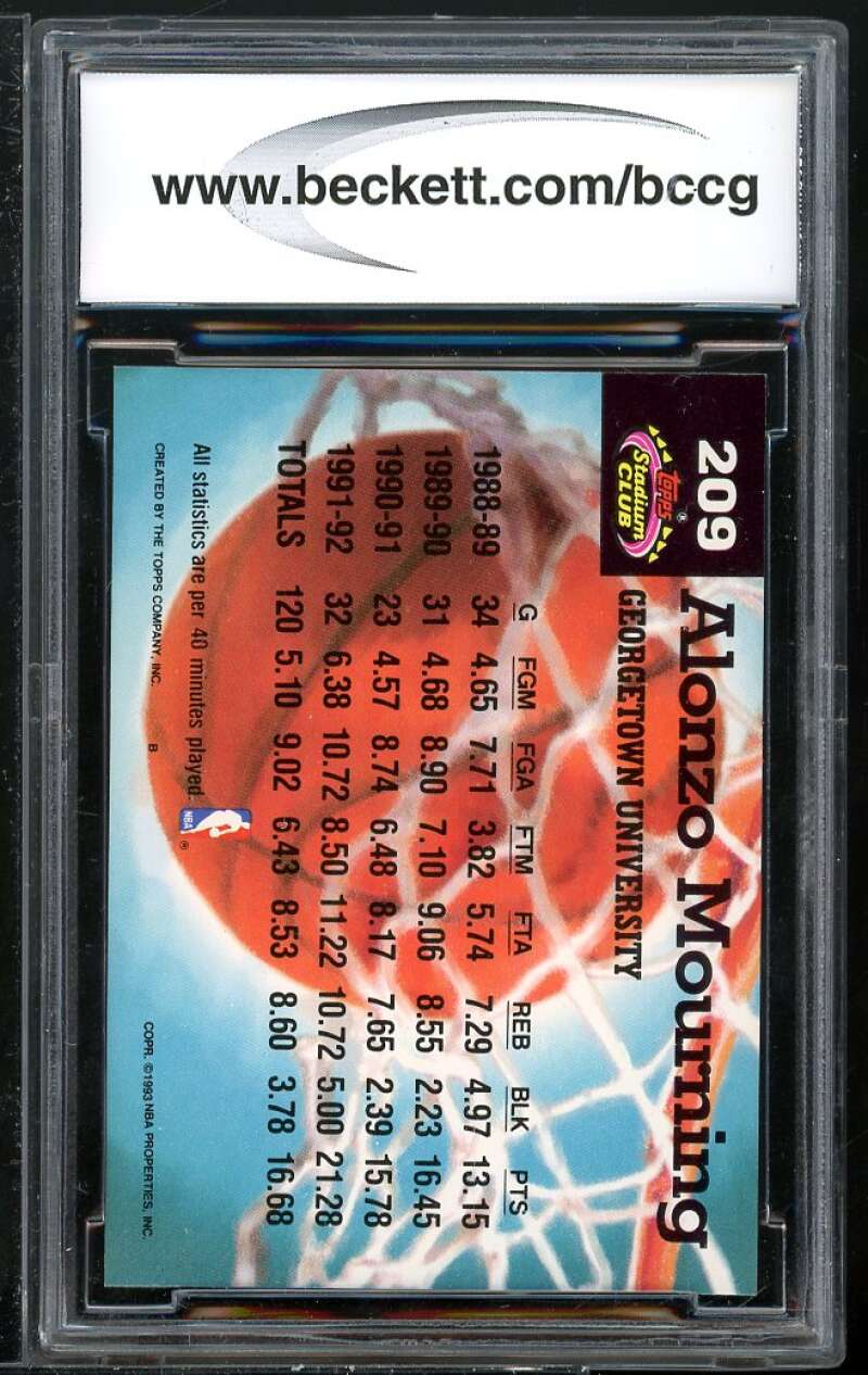 Alonzo Mourning Rookie Card 1992-93 Stadium Club MC #209 BGS BCCG 9 Image 2