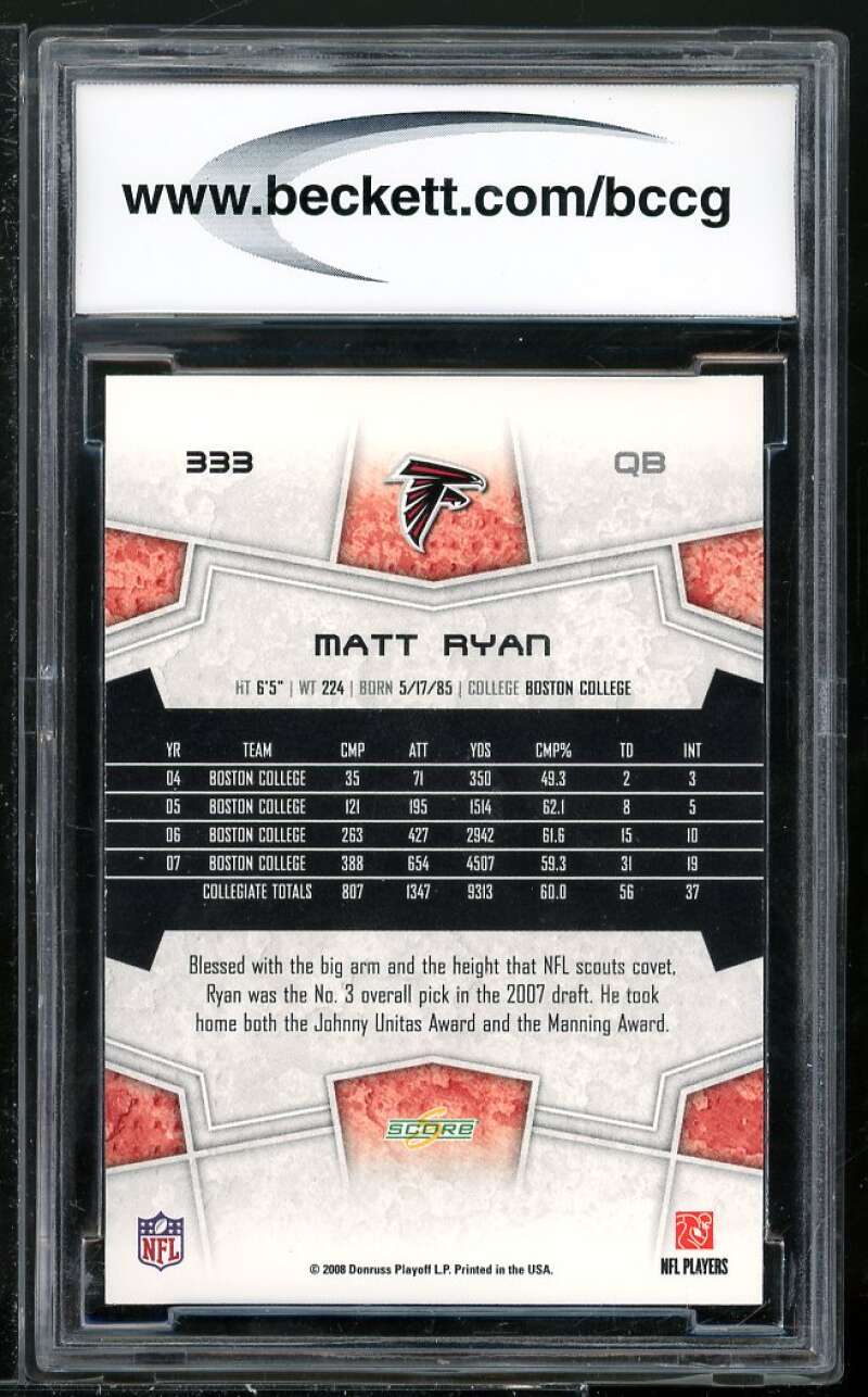 Matt Ryan Rookie Card 2008 Score #333 BGS BCCG 10 Image 2