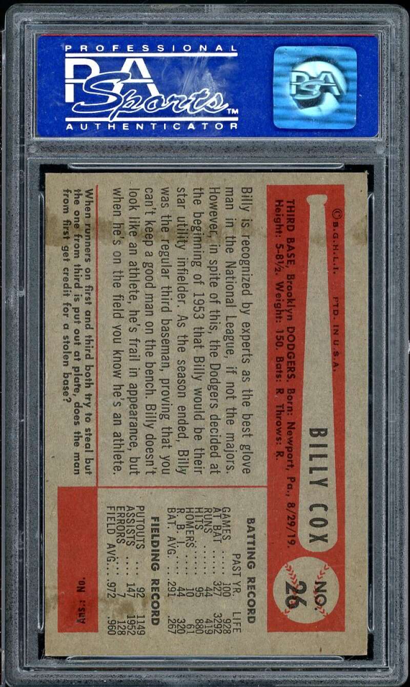 Billy Cox Card 1954 Bowman #26 PSA 8 Image 2