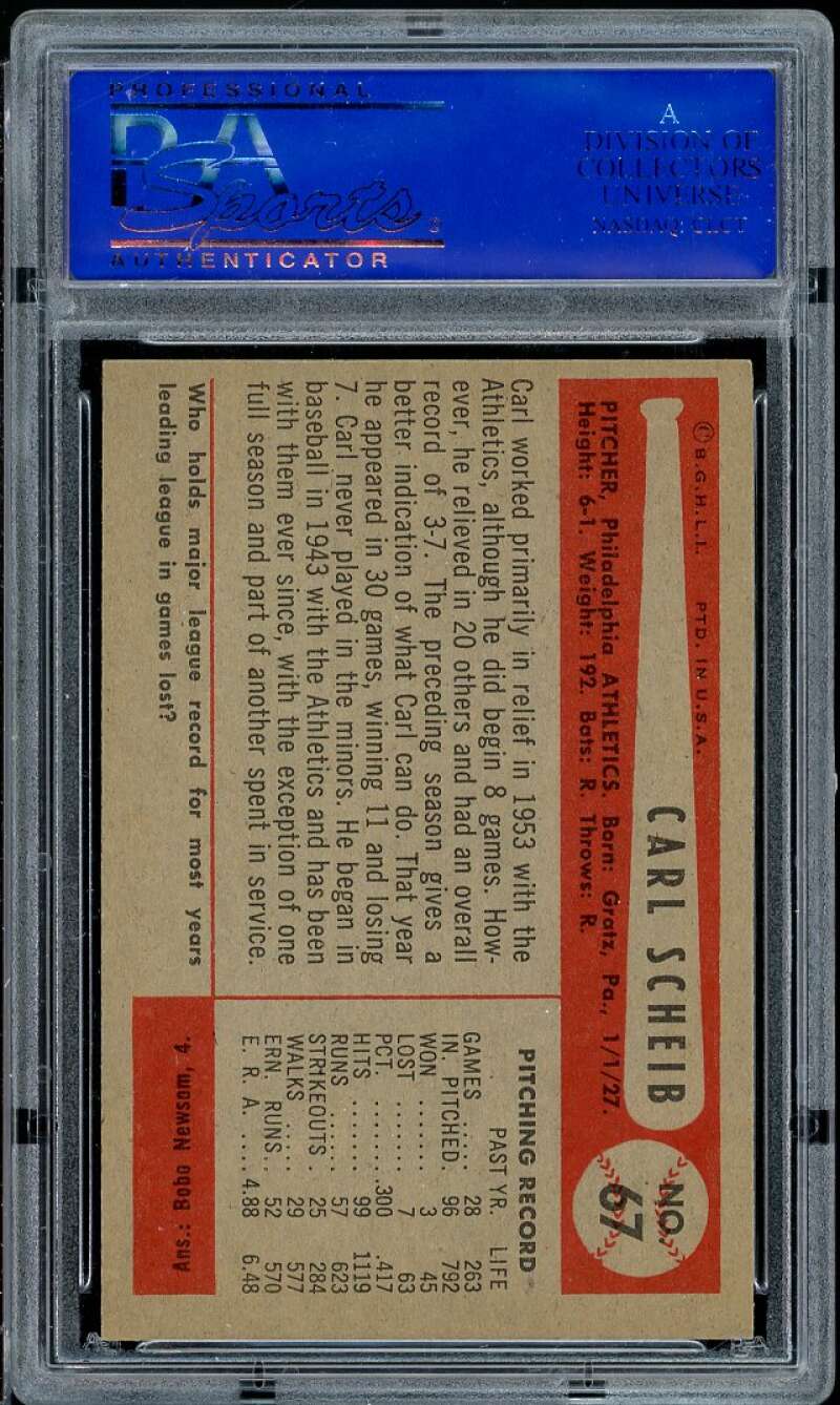 Carl Scheib Card 1954 Bowman #67 PSA 8 Image 2