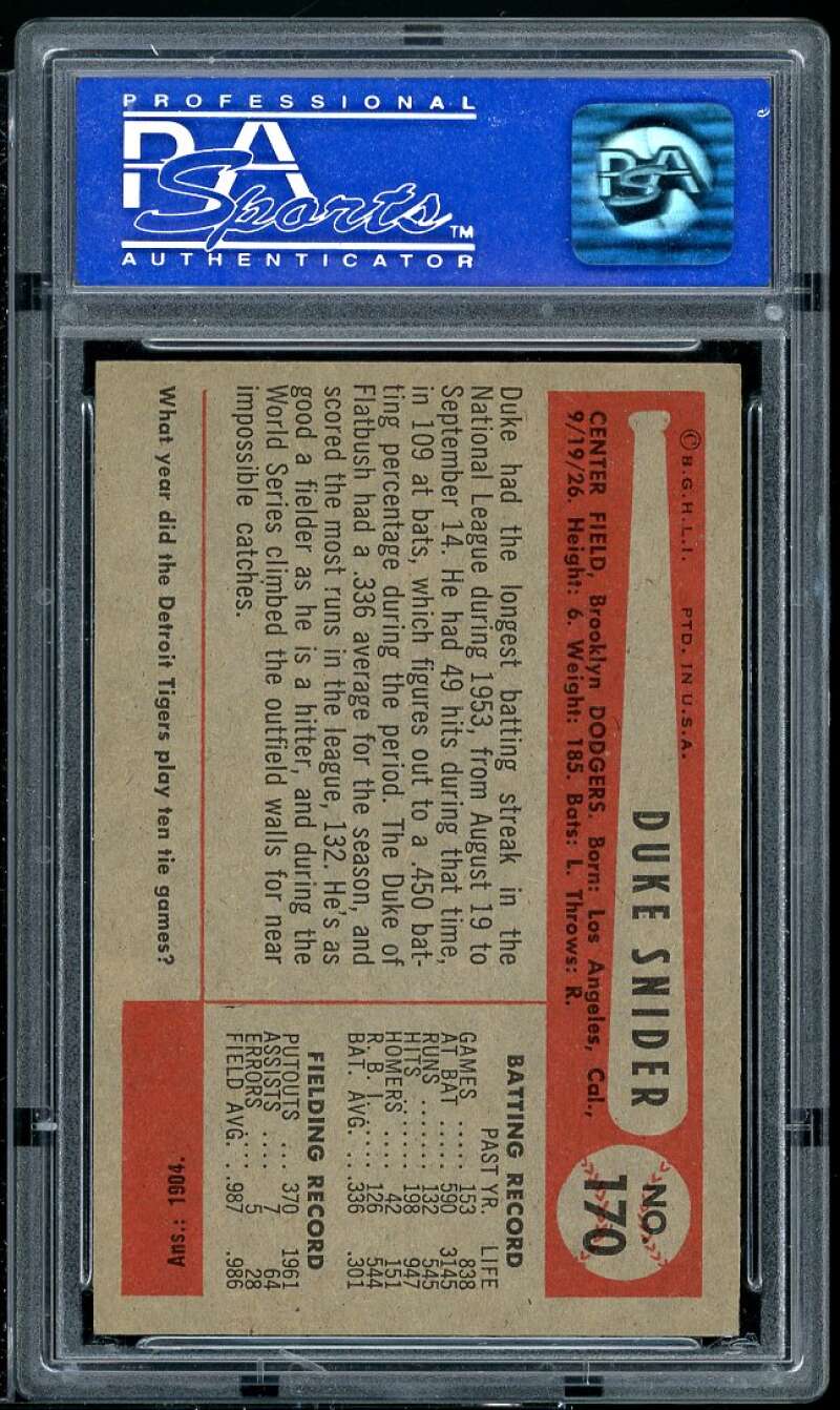 Duke Snider Card 1954 Bowman #170 PSA 8 Image 2