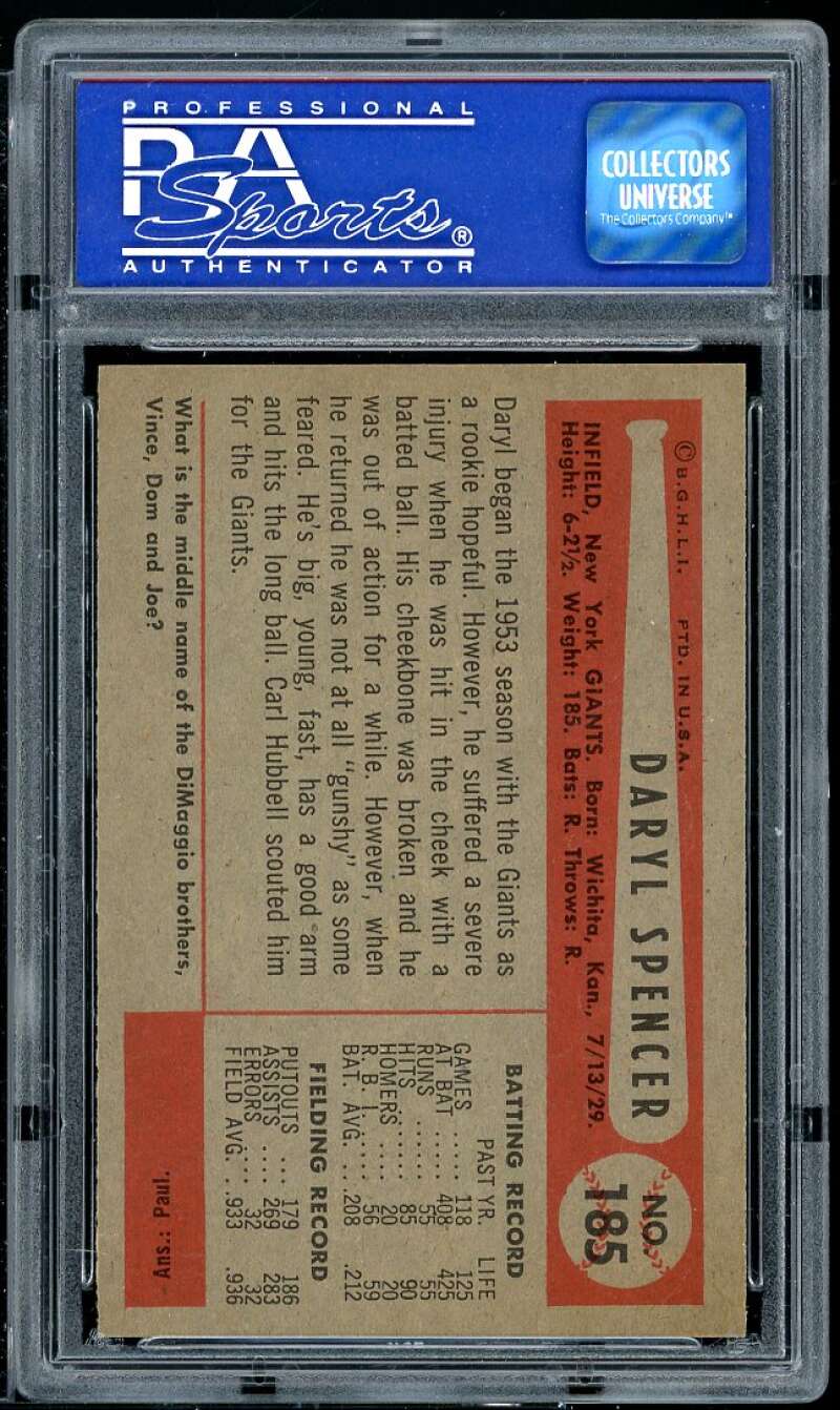 Daryl Spencer Rookie Card 1954 Bowman #185 PSA 8 Image 2